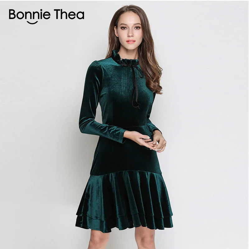 Женское зимнее бархатное платье Bonnie Thea зеленое элегантное с длинным рукавом