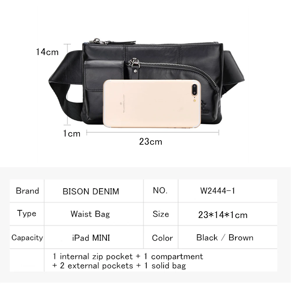 BISON DENIM, мужские кожаные сумки, поясная сумка из воловьей кожи, мужская сумка с нагрудным ремнем, сумка для телефона, сумки с карманом на молнии, дорожные сумки через плечо W2444