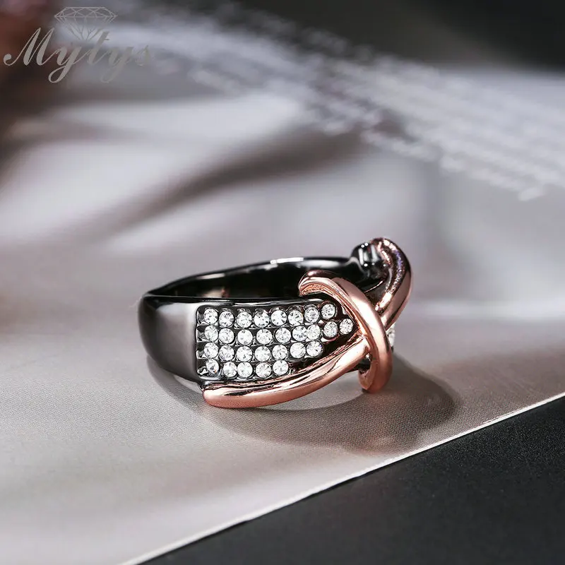 Mytys розовое золото крест черное кольцо паве оправа Кристалл Модные кольца для