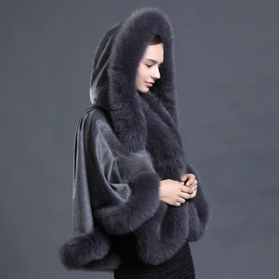 Color 2 Женские меховые шали из шерсти смесь меха лисы воротник с капюшоном кашемировое пальто накидка новая Женская Шерсть Настоящее пончо с мехом лисы и накидки - Цвет: Color 2