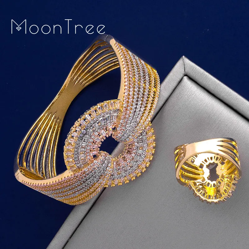MoonTree роскошный свадебный браслет набор колец три тона Полный украшения с