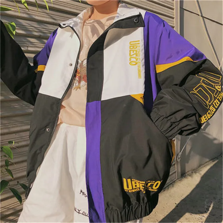Spring autumn hip hop ulzzang Korean fashion Women's Clothing Harajuku loose Unisex letter print paneled turtleneck Coat Jackets | Женская