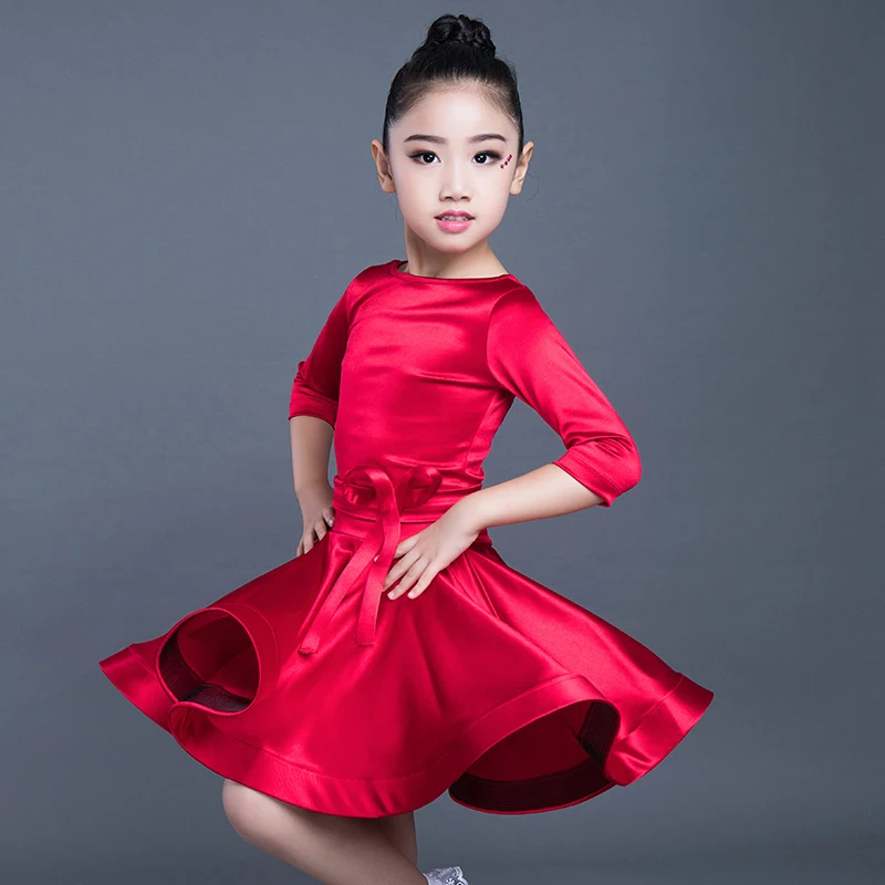 Latin Dance Dress Girls Children Bright Satin Professional Ballroom Practice Wear For Kids Stage Performance Outfits DL3191 |