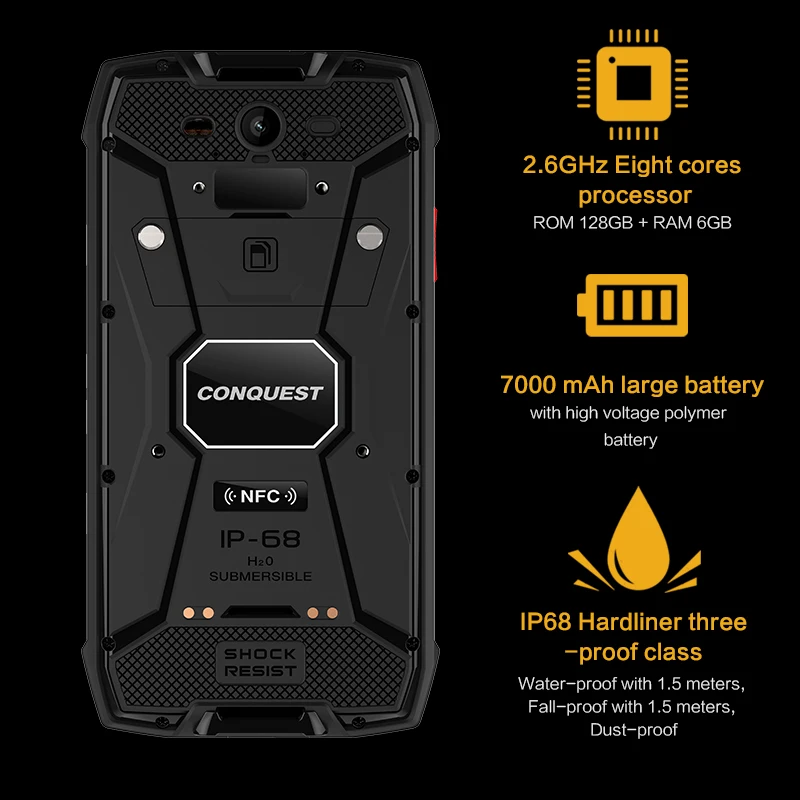 Conquest S11 IP68 прочный смартфон 16 МП 7000 мАч 6 ГБ 128 ГБ Восьмиядерный сканер отпечатков пальцев/распознавание лица NFC OTG Android мобильный телефон
