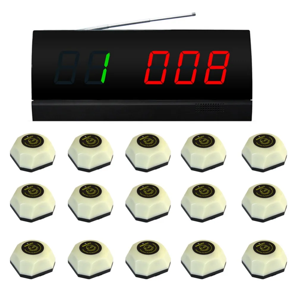 

SINGCALL Wireless Service Calling System, Table Pager. 15 Single Button White Bells and 1 Monitor Receiver