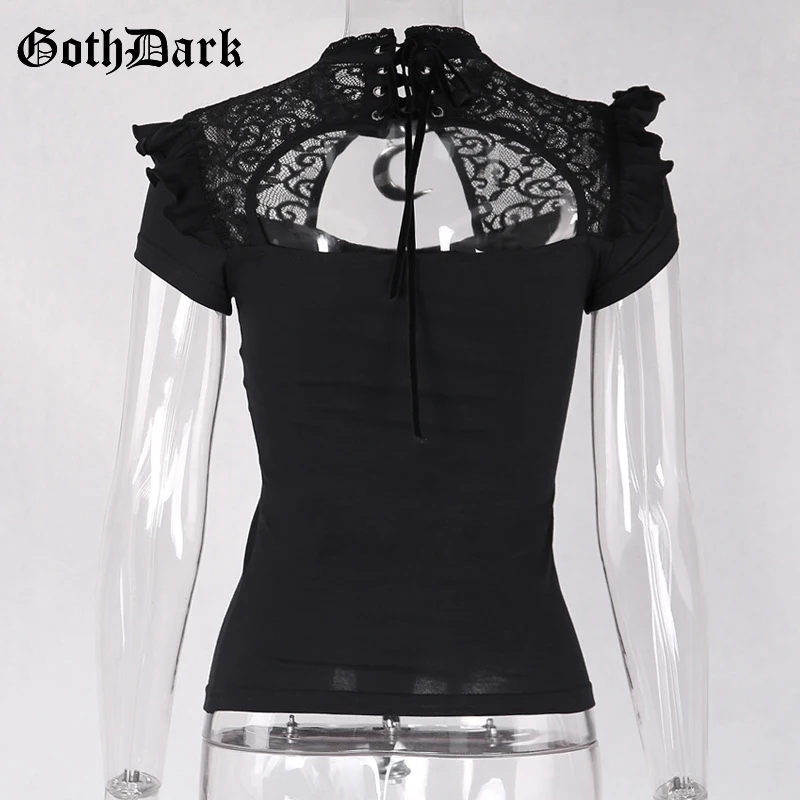 Женская футболка с сеточкой Goth Dark, элегантная футболка с дырками вырезами и воротником-хомутом, однотонная футболка с рукавом-бабочкой
