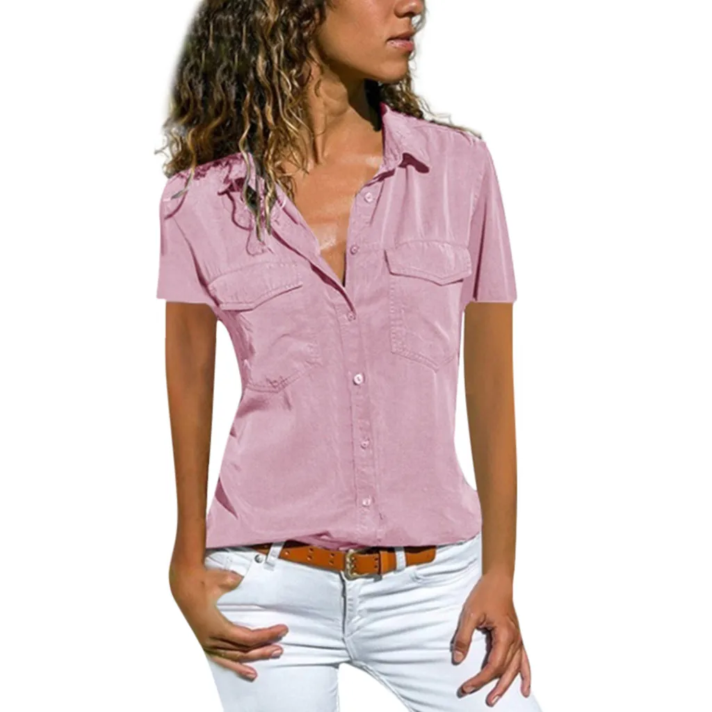 Light Pink Женская Повседневная Блузка размера плюс, одноцветная, короткий рукав, отложной воротник, с карманами, на пуговицах, блузка, летний Свободный пуловер, топы - Цвет: Light Pink