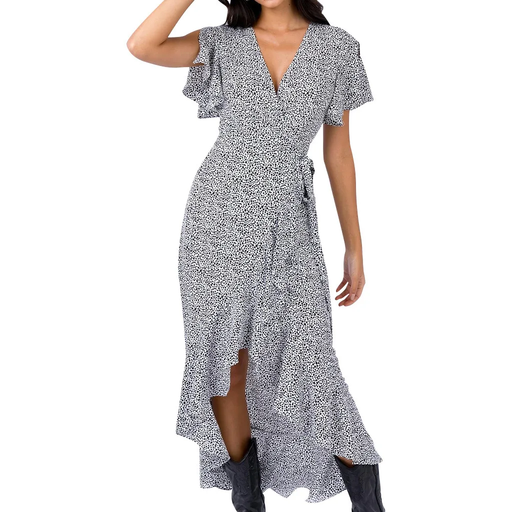 Vestidos Повседневное Mujer плиссированное платье с длинными Для женщин; сезон лето; с v-образным вырезом и расклешенными рукавами Бандажное платье с разрезами с оборками с леопардовым принтом платье Z4