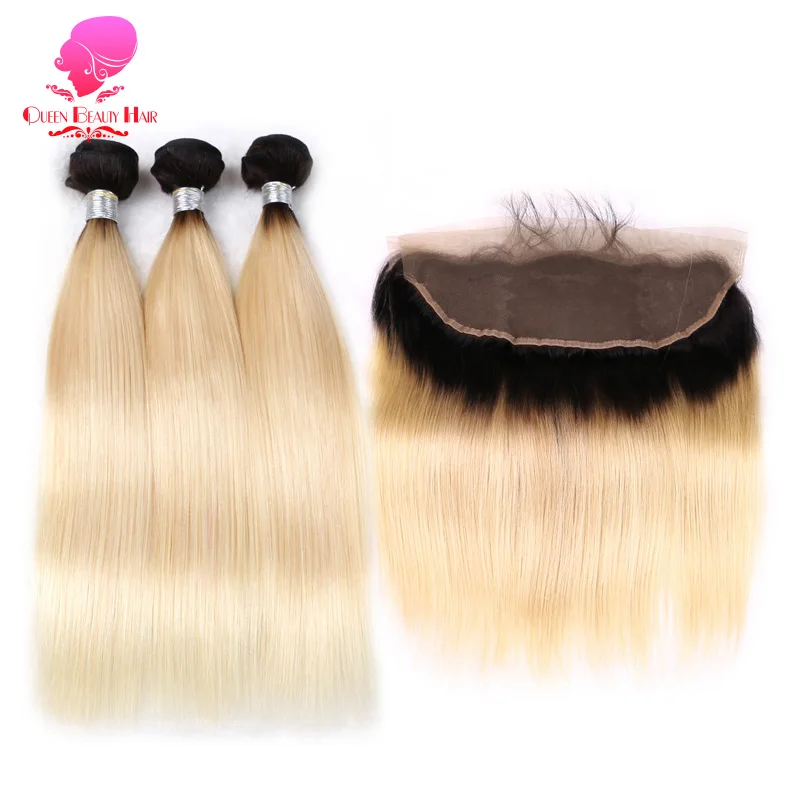 QUEEN BEAUTY 3 пучка и Фронтальная 1B 613 омбре с темными корнями блонд перуанские прямые