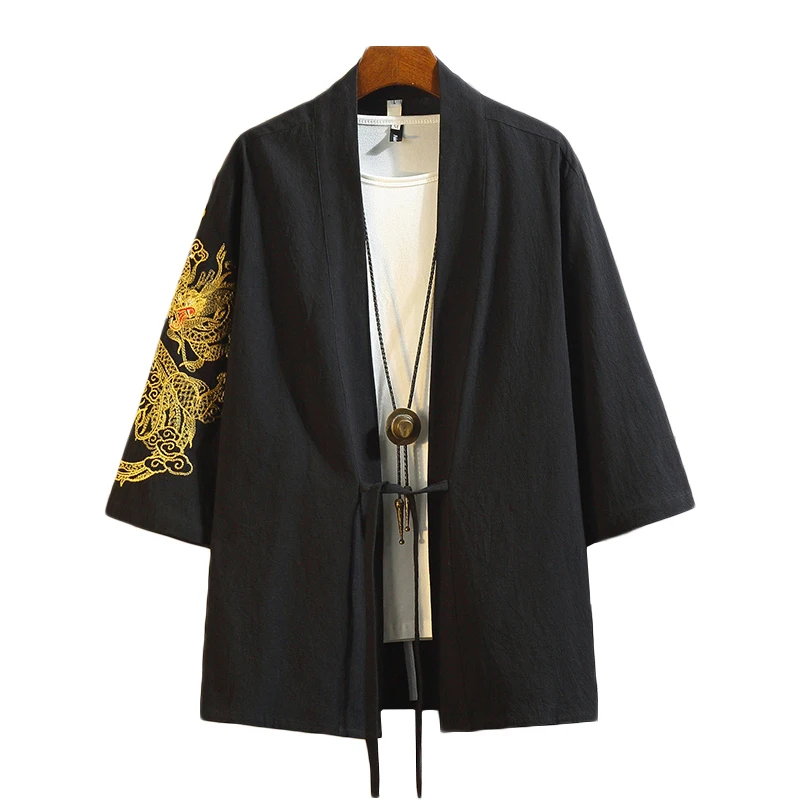 

Cotton Cardigan Jacket Men Embroidery Chinese Kimono Shirt Streetwear Hip Hop Casual Coat Loose Open Stitch Jackets Size M-5XL