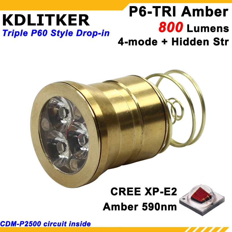 KDLITKER P6 TRI Triple Cree XP E2 желтый 800 нм люмен 3V 9V 5 Mode Color P60 Drop in Module (диаметр. 26 мм)|Фонарики