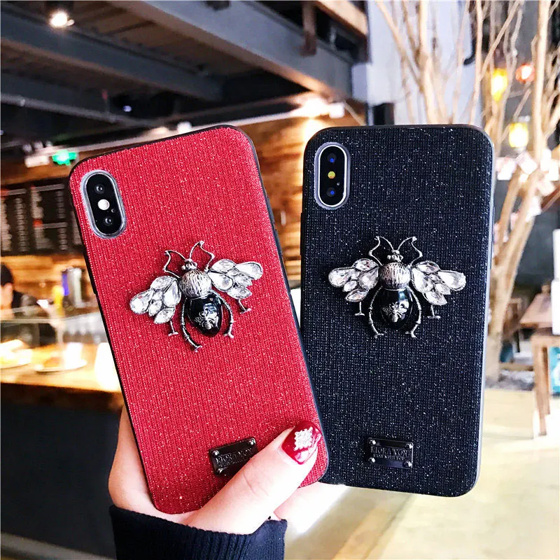 Luxury Cute Bling Soft Phone Case for iPhone 6 6s 7 8 Plus X XR XS Max Brand Bee Metal Letter Label Silicone Cover Funda Coque |