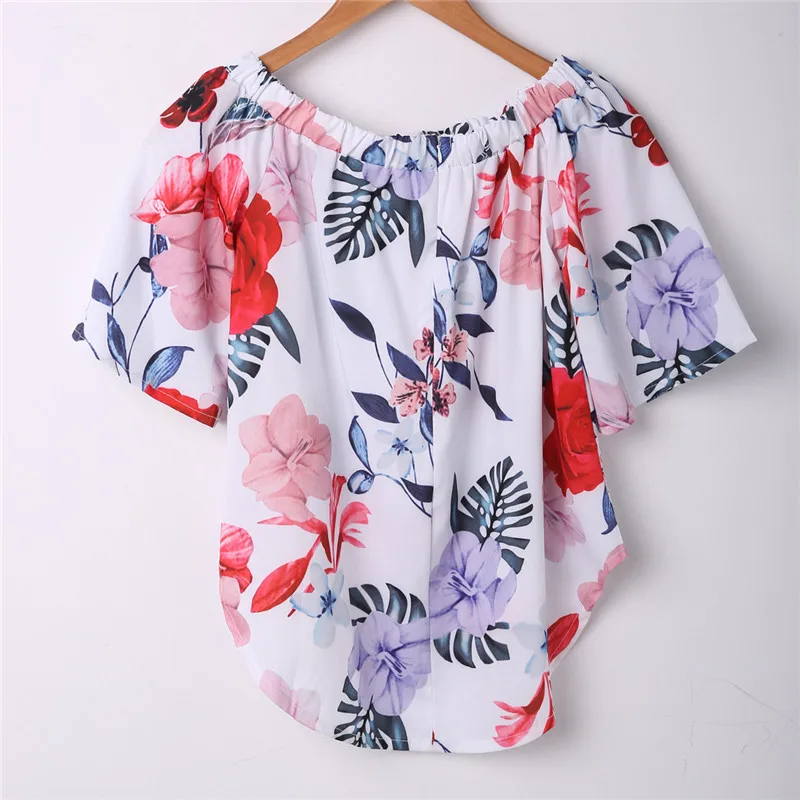 Fashion High Street Women Summer Shirt Off Shoulder Floral Asymmetric Hem Short Sleeve Casual Blouse Tops Shirts Clothes Wear |
