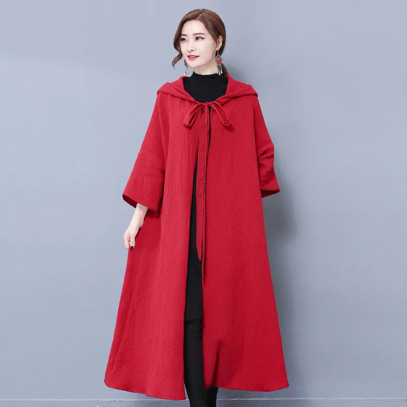 Женская накидка-пончо женская накидка в китайском стиле Hanfu с капюшоном красная
