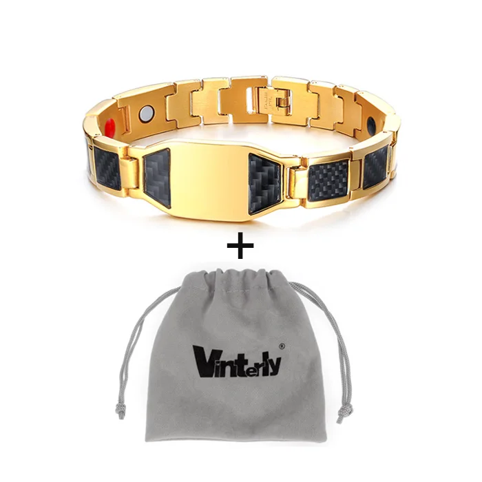 gold bag Vinterly золотой цвет ID браслеты мужские из нержавеющей стали цепи гравюр черного углеродного волокна мужской браслет энергетический магнитный браслет - Окраска металла: gold bag