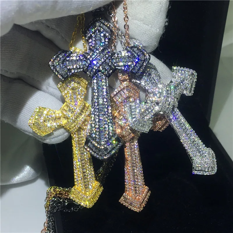 Роскошный 4 цвета большой крест кулон с ожерельем из стерлингового серебра 925