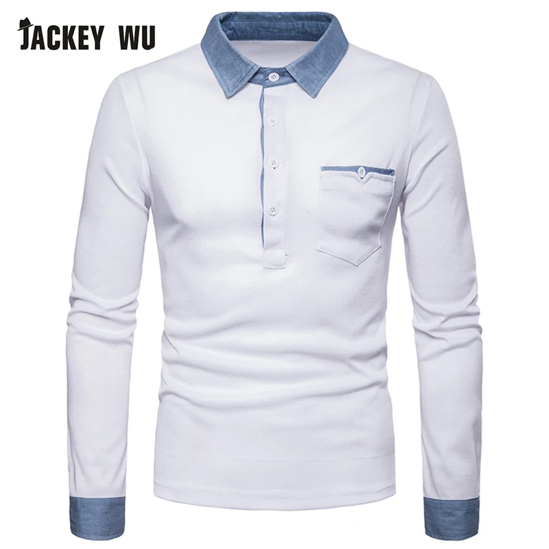 JACKEYWU мужская рубашка поло 2019 модная деним заплатка длинный рукав тройники хлопок