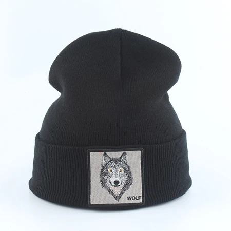 wolf black Новая модная мужская шапка с вышивкой в виде животного волка, зимние шапки, вязаные шапки для мужчин, уличная одежда в стиле хип-хоп, шапка Skullies - Цвет: wolf black