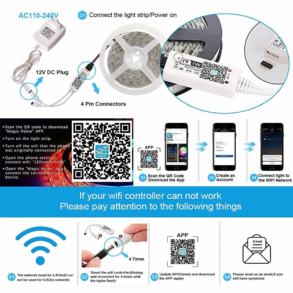 Светодиодные ленты водостойкие SMD 2835 RGB ленточный светильник с Питание DC12V + Wi Fi