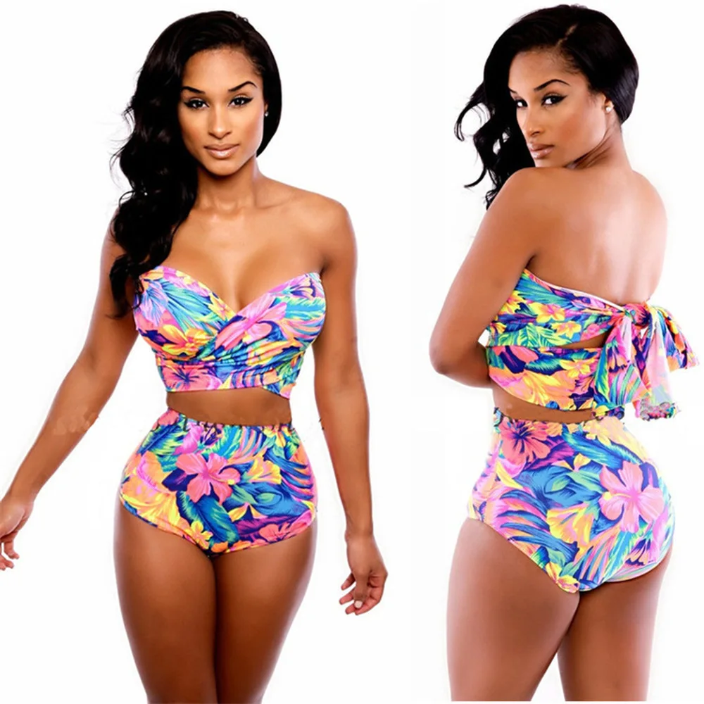 Сексуальный купальник из двух частей с высокой талией и цветным цветочным