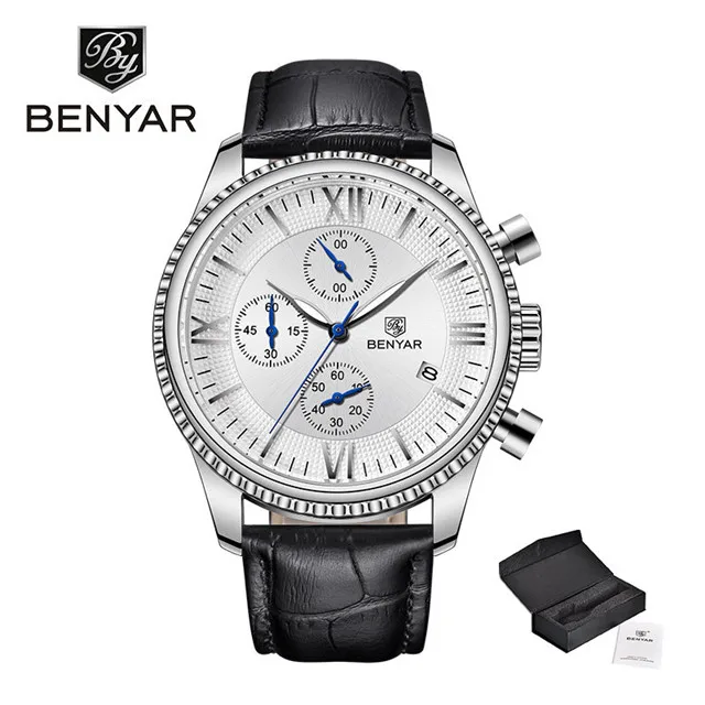 Silver White BENYAR, мужские часы, модные спортивные Кварцевые Золотые часы, мужские часы, мужские часы, Топ бренд, Роскошные водонепроницаемые часы - Цвет: Silver White