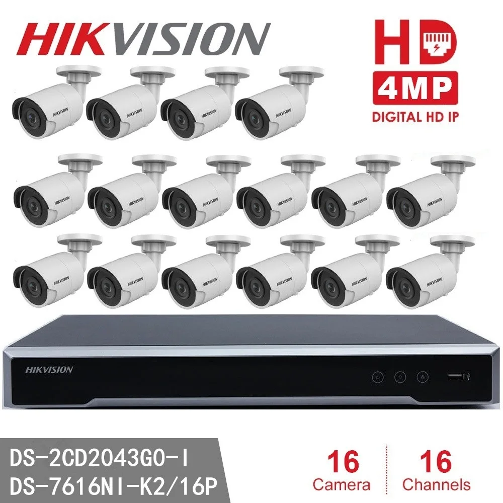 Hikvision NVR DS 7616NI K2/16 P 16CH 16 портов POE + шт. 2CD2043G0 I 4MP IR Bullet сетевая камера P2P IP камера|camera