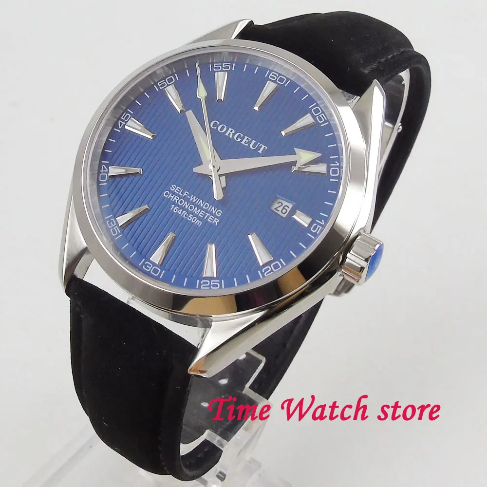 

Polished 41mm Miyota 8215 5ATM automatic men's watch sapphire glass polished bezel blue dial silver marks date display deployant