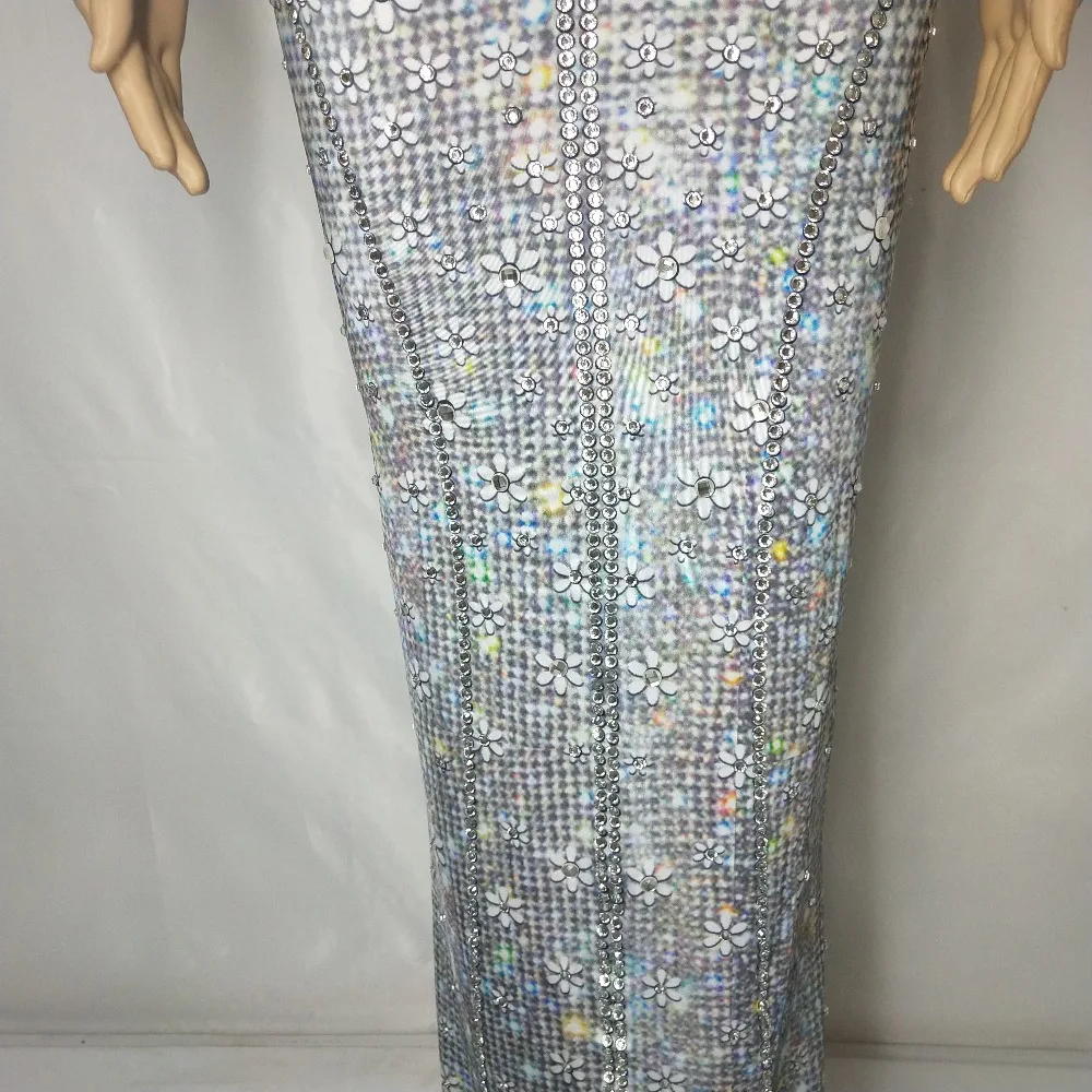 Big Stretch Silver Rhinestones Tight Long Dress Women Singer Host Evening Wear Birthday Party Models Catwalk Dress Stage Costume