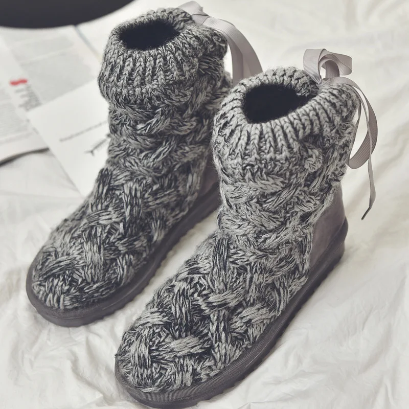 XEK Creative Female Snow Boots Rubber Knitting Wool Thread Women Winter High Tube Gray Black Cotton Shoes Ankle Boot JH272 | Обувь