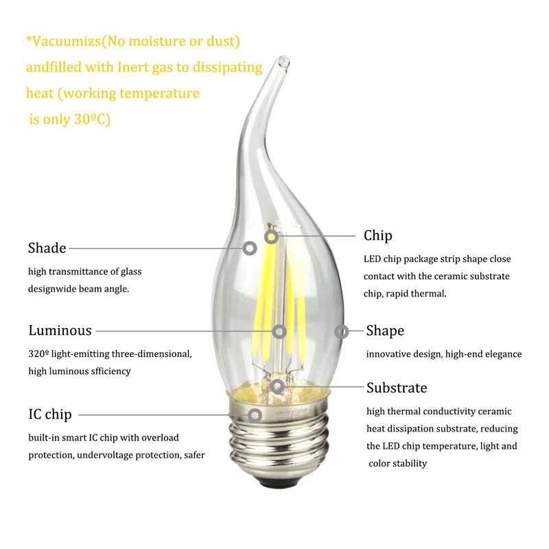 E26 110V C35 C35T 4W 6W LED свеча светильник лампа нитевая лампочка ретро винтаж Эдисон с возможностью диммирования для внутреннего освещения дома, школы, отеля.