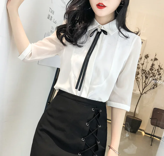 Dingaozlz Summer New Korean fashion clothing Bow ite Professional OL Shirt Top Half sleeve Women Chiffon blouse - Цвет: white
