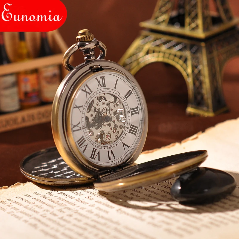Скелет Полые стимпанк брелок ожерелье механические карманные часы Бронзовый щит