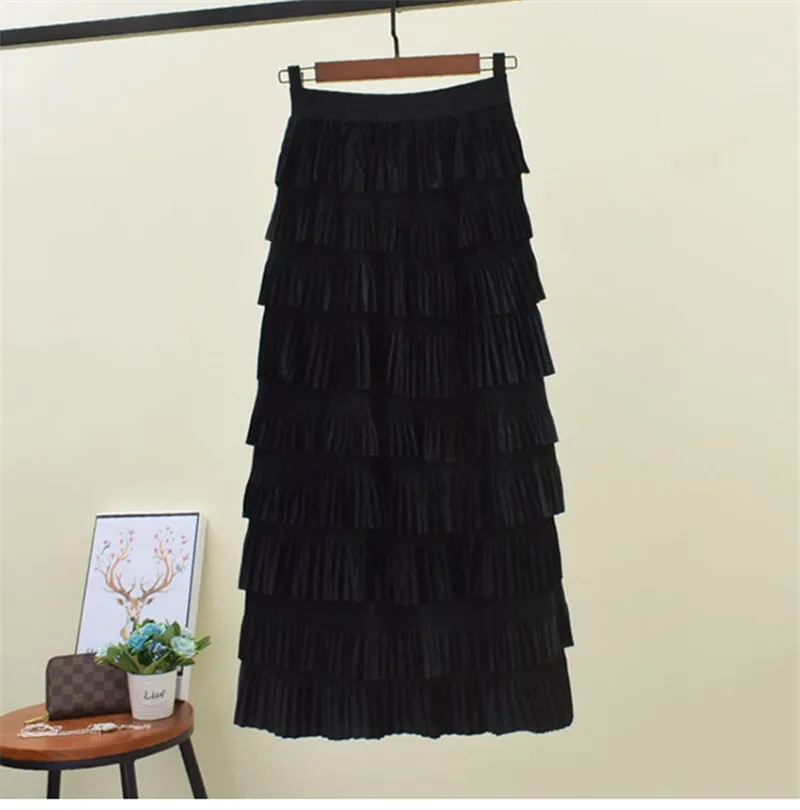 Женская бархатная юбка с оборками многослойная средней длины поясом на резинке