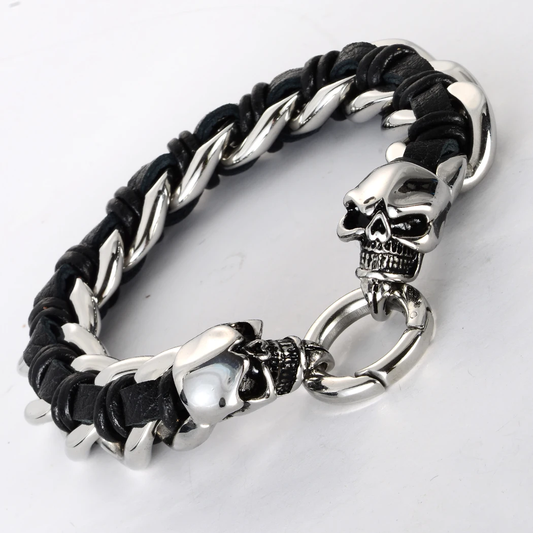 Мужской кожаный браслет с черепом из нержавеющей стали 316L biker heavy jewelry подарки