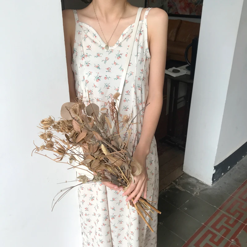 Summer long Dress 2019 korean style small floral print Women sleeveless vintage tank (C6334) | Женская одежда