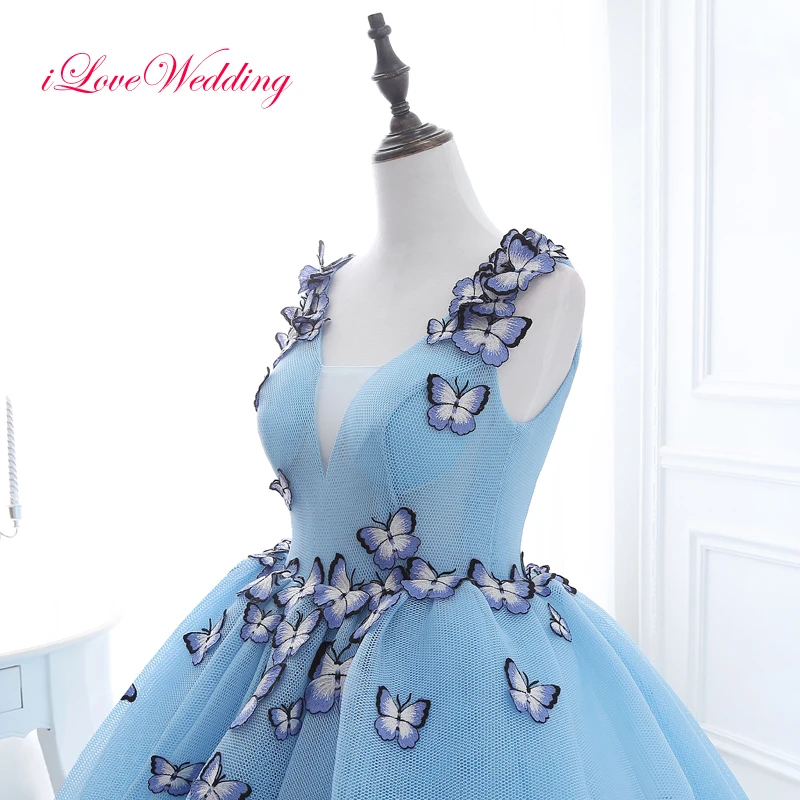 Модные светильник синее свадебное платье бальное без рукавов с аппликацией в