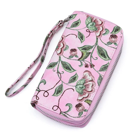 Pink Annmouler большие кошельки для женщин PU кожаный клатч сумка вышивка цветок деньги сумка двойная молния держатель карты Кошелек на запястье - Цвет: Pink