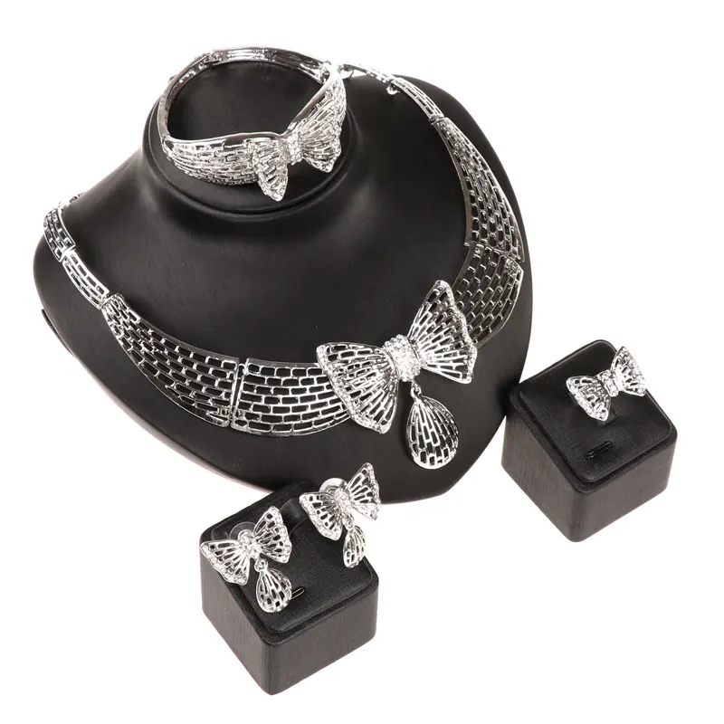 Fashion Silver Plated Jewelry Sets For Women Crystal Butterfly Pendant Necklace Earring Jewellery Set Bridal Wedding Accessories | Украшения