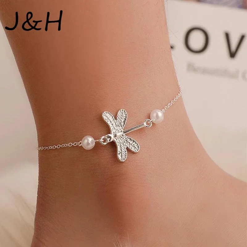 Браслет на ногу Женский со стрекозой стальной цвет Летний Пляжный браслет |