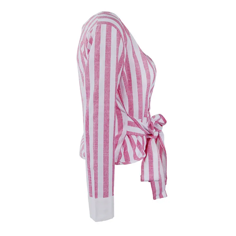 Женская блузка в полоску с бантом длинным рукавом и круглым вырезом | одежда