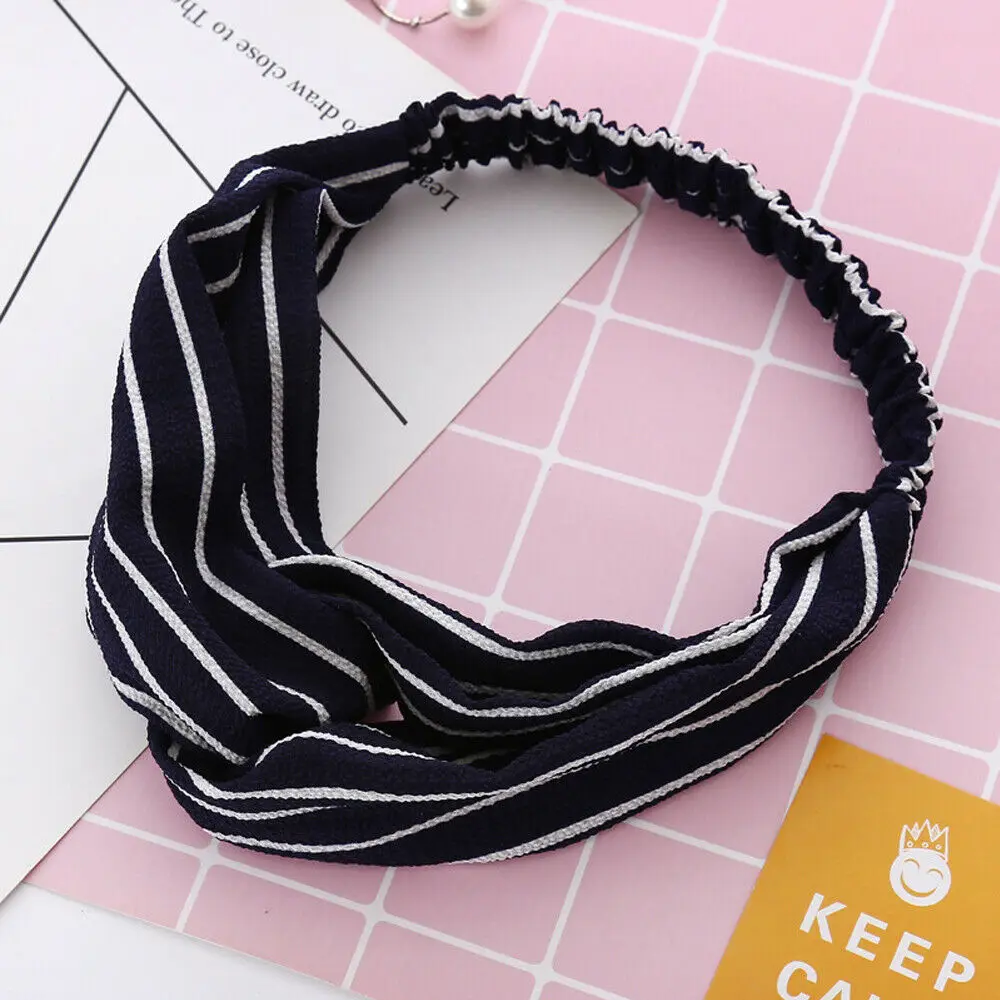 Navy Blue2 Женский тюрбан в полоску Эластичный обруч для головы повязка на голову скрученная завязанная спа повязка на голову черный розовый желтый красный - Цвет: Navy Blue2