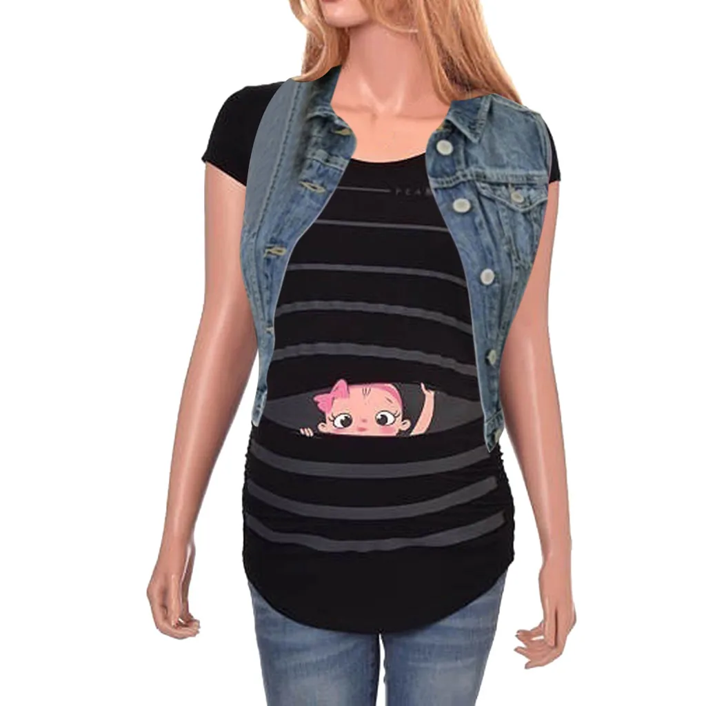 Одежда для беременных женщин модная симпатичная футболка в полоску с коротким