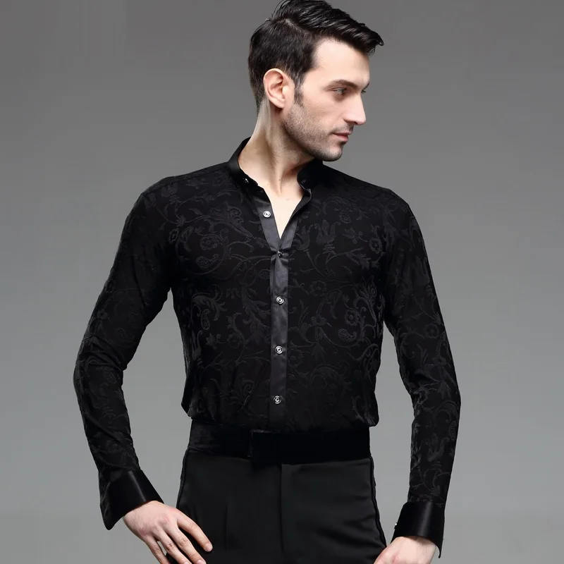 Men's Dancing Shirt Adult Black Long Sleeved Male Dance Modern Latin Costume Rumba Samba B-4236 | Тематическая одежда и