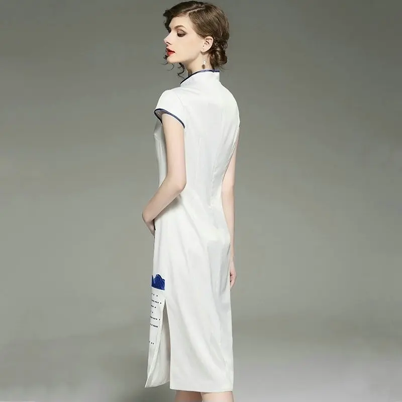 Женское винтажное шелковое платье-Ципао Белое Облегающее вечернее платье до