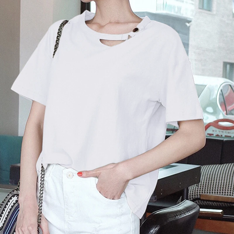 Slash Neck Casual Loose Chocker T shirt Women Europe America Cotton t-shirt new Summer Black White Womans Tops tshirts | Женская одежда
