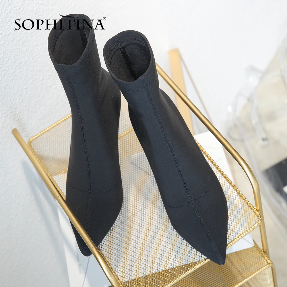 SOPHITINA Sexy Pointed Toe Boots Fashion High Quality Silk Thin Heels Solid Women's Shoes New Hot Sale Unique Ankle Boots MO238