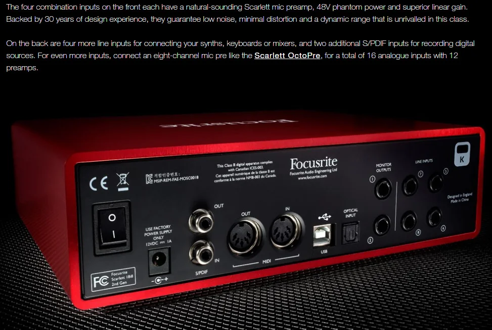 Focusrite Scarlett 18i8(2nd Gen) 18 в/8 Выход USB аудио интерфейс четыре Focusrite микрофон предусилители профессиональная Запись Звуковая карта