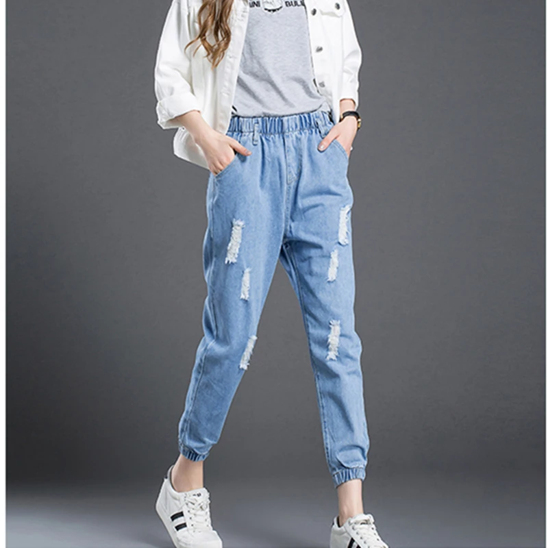 

New Spring Autumn 2021 Women Denim Harem Pants Elastic Waist Ankle-Length Pant Casual Loose Jeans Plus Size Ladies trousers