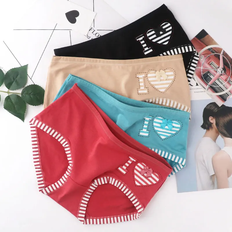 Хлопковое нижнее белье I LOVE для девочек дышащие милые трусики со средней талией и