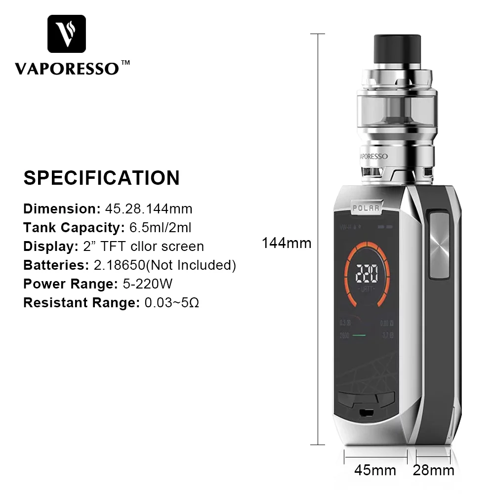 Оригинальная электронная сигарета Vaporesso Polar 220 Вт Vape комплект 2 дюймовый цветной